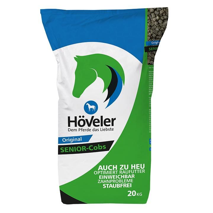 Sack mit Höveler SENIOR-Cobs. Grün-blaues Design mit Logo und Pferdekopf. Text: Original, auch zu Heu, 20 kg.