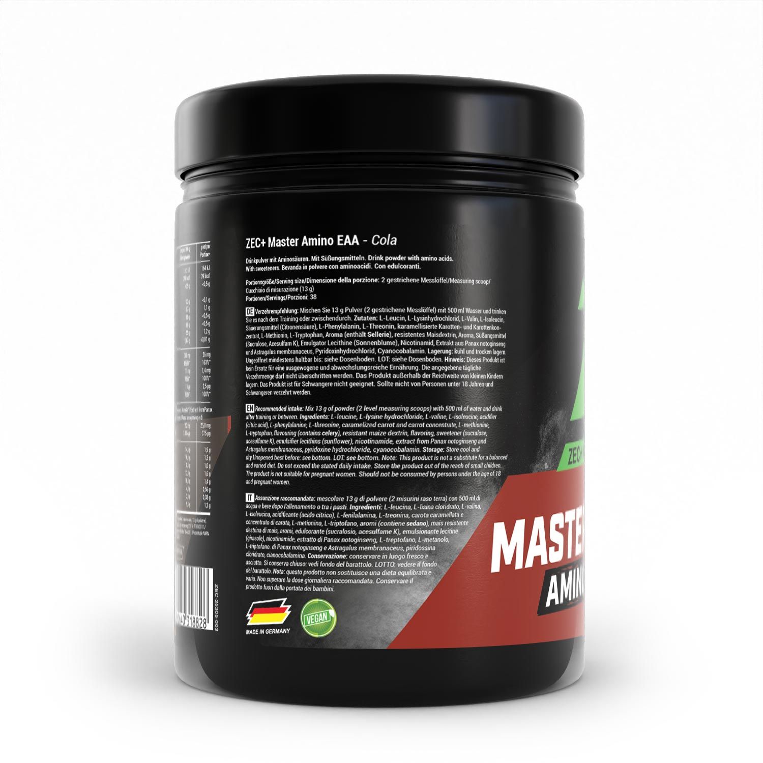Schwarze Dose, Rückseite mit Text und Nährwertangaben. Aufschrift: MASTER AMINO. Mit deutschem Flaggen-Symbol und Vegan-Siegel.
