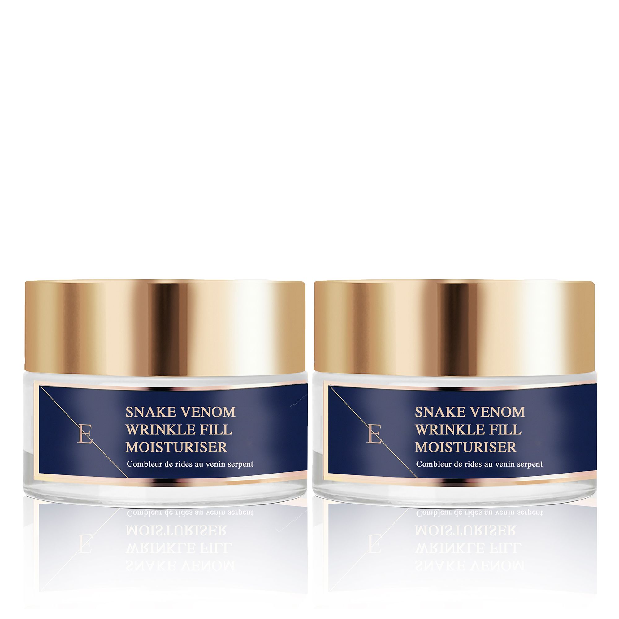 Zwei Tiegel Feuchtigkeitscreme mit goldfarbenen Deckeln. Blaue Etiketten mit Text: Snake Venom Wrinkle Fill Moisturiser.