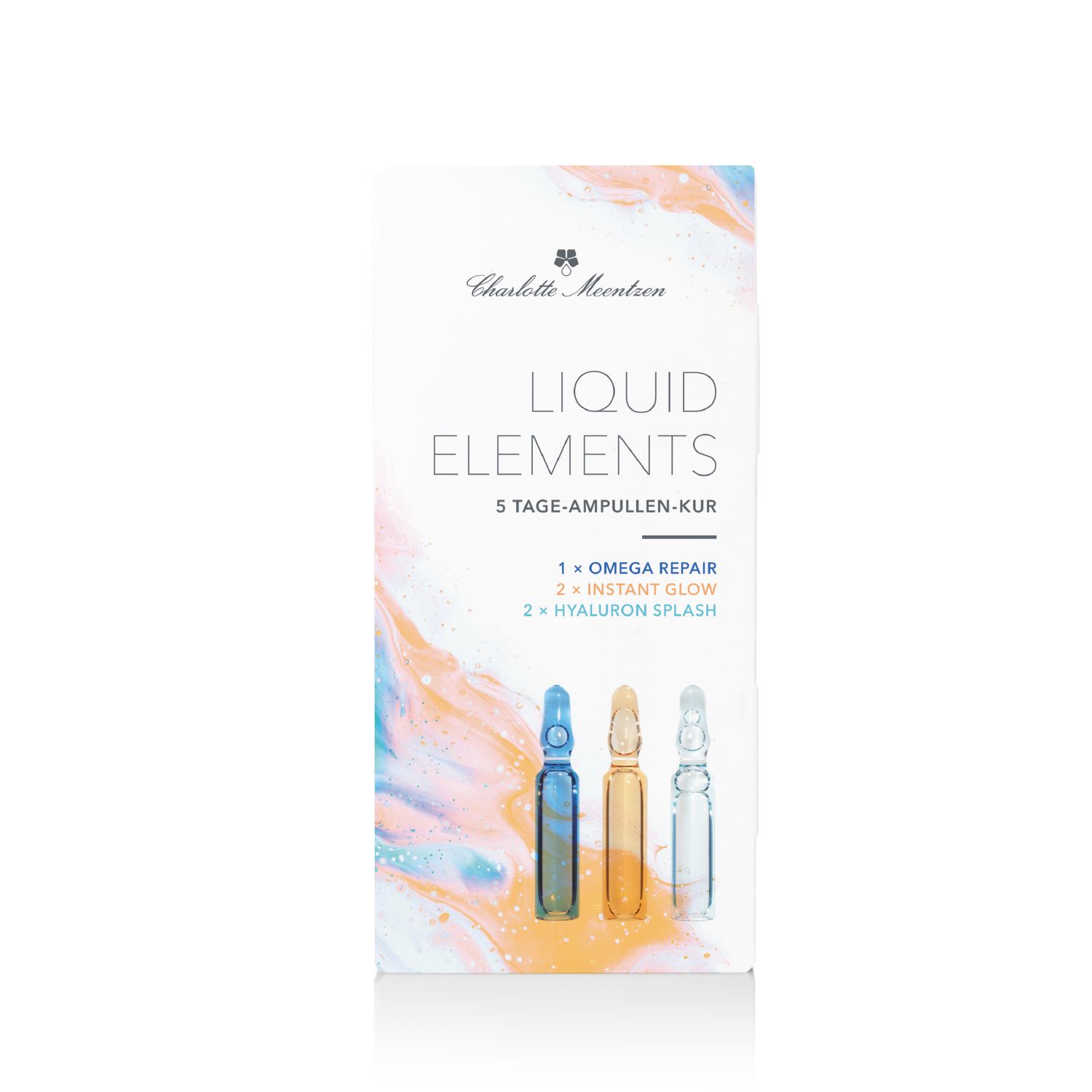 Verpackung mit Charlotte Meentzen Liquid Elements Ampullen-Kur. Enthält 3 Ampullen: Omega Repair, Instant Glow, Hyaluron Splash.