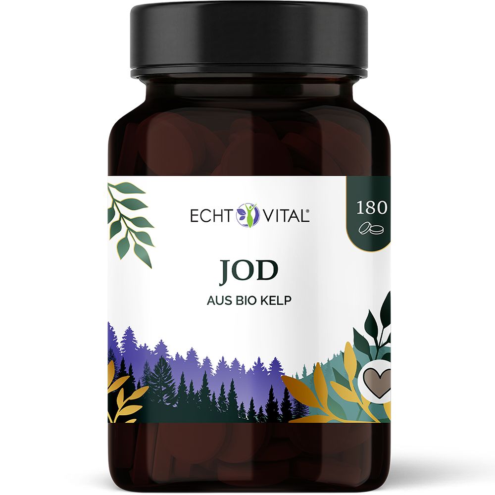 Echt Vital Jod aus Bio Kelp: Braune Glasflasche mit 180 Presslingen und Etikett mit Waldmotiv.
