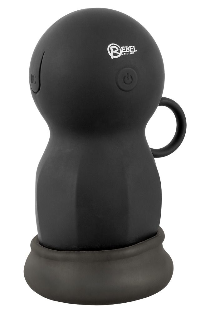 Schwarzes Wellness-Produkt mit Griff und Sockel. Oben Logo und Knopf. Runde Form.