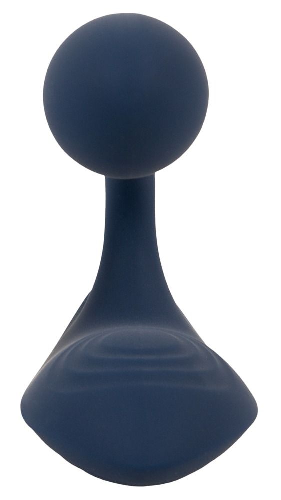 Dunkelblauer Vibrator mit Kugel und breiter Basis. Silikonmaterial. Geriffelte Oberfläche an der Basis.