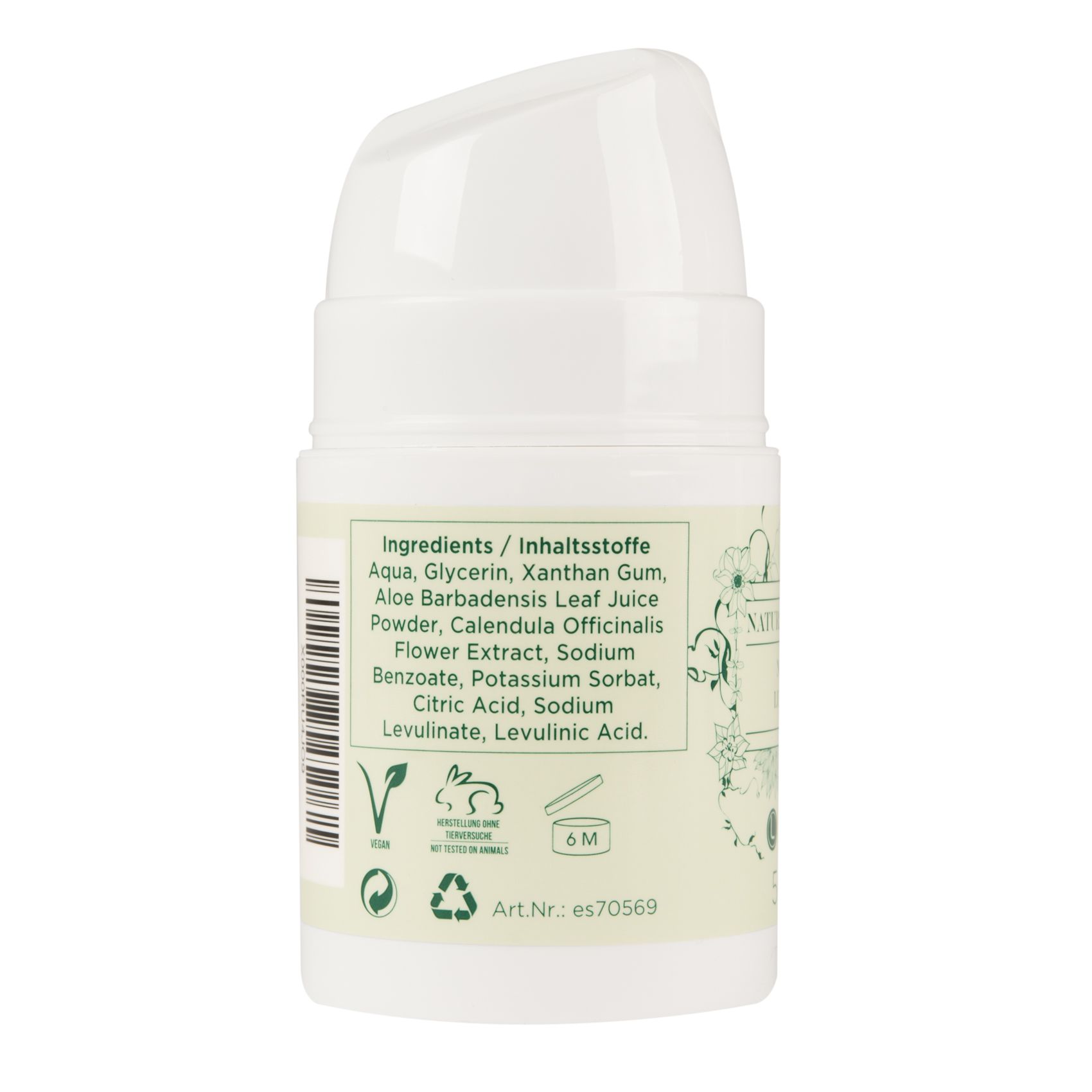 Rückseite des weißen Spenders. Auflistung der Inhaltsstoffe: Aqua, Glycerin, Xanthan Gum, Aloe Barbadensis Leaf Juice Powder etc.