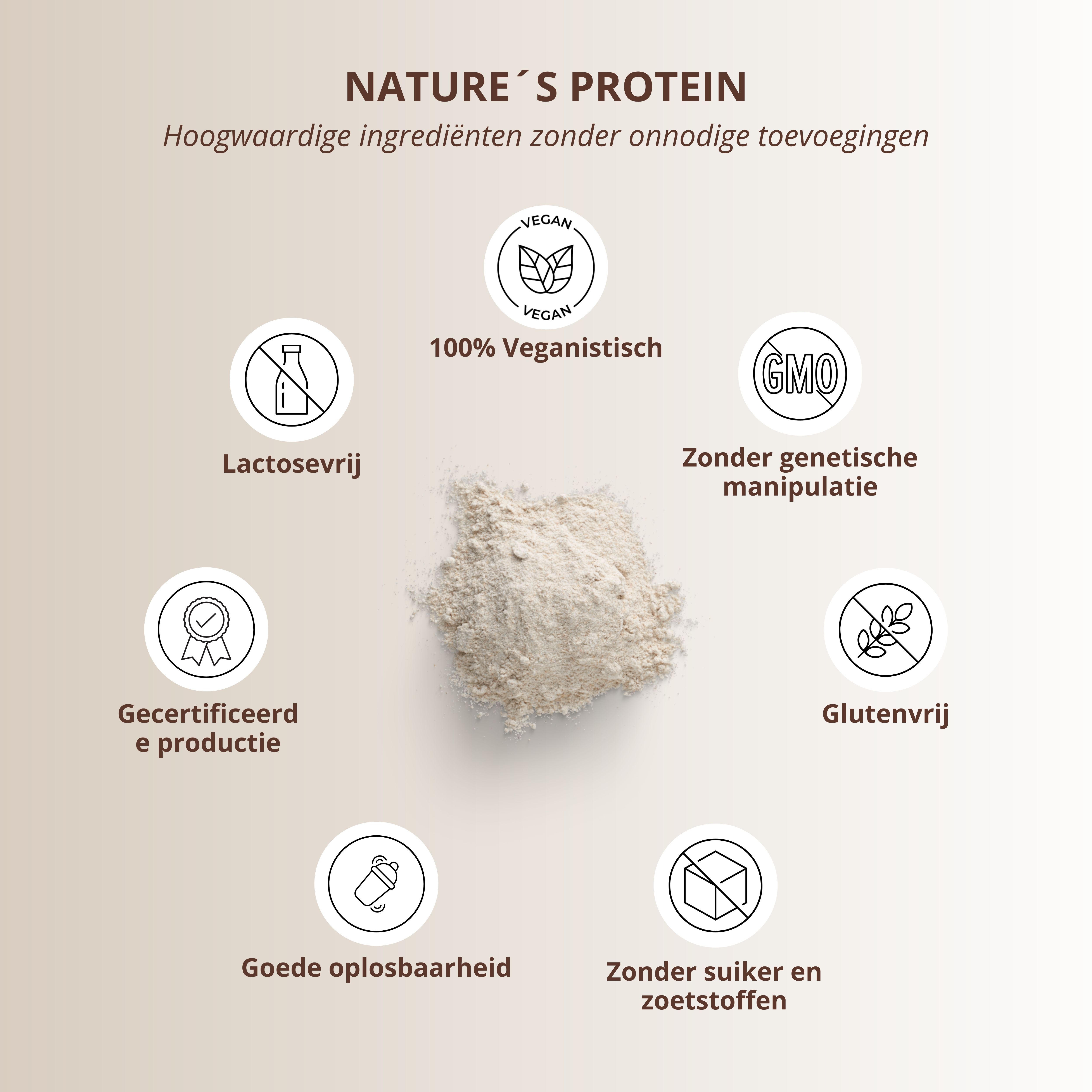 Kreisförmige Icons mit Text. 100% vegan, laktosefrei, ohne Gentechnik, glutenfrei, gute Löslichkeit, ohne Zucker und Süßstoffe.