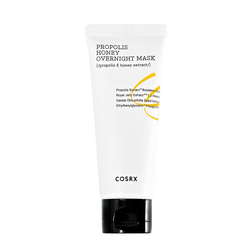 Weiße Tube mit schwarzem Klappdeckel. Beschriftung: "PROPOLIS HONEY OVERNIGHT MASK".