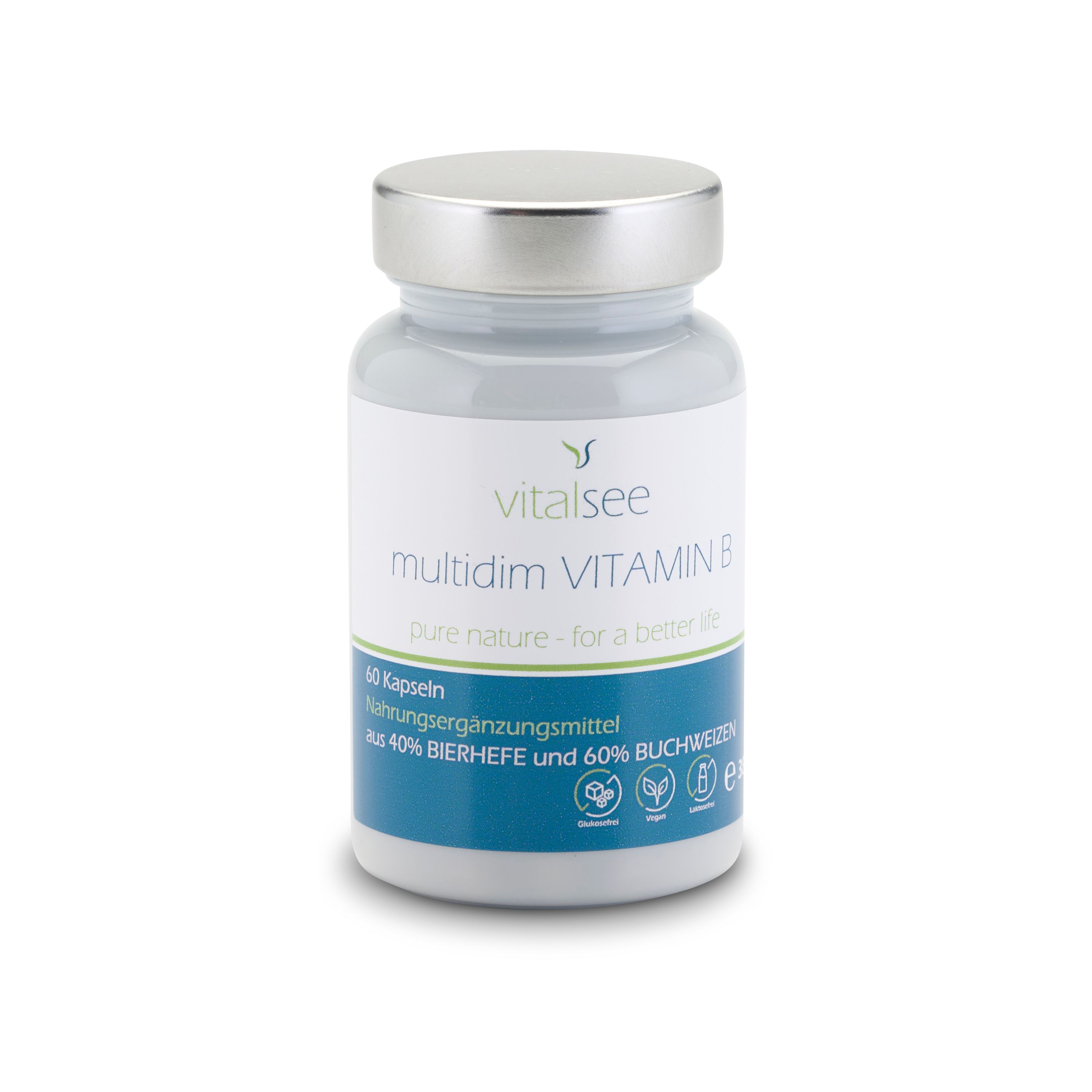 Flasche mit Vitalsee multidim VITAMIN B Komplex Kapseln. Weißes Etikett, silberner Deckel. 60 Kapseln.