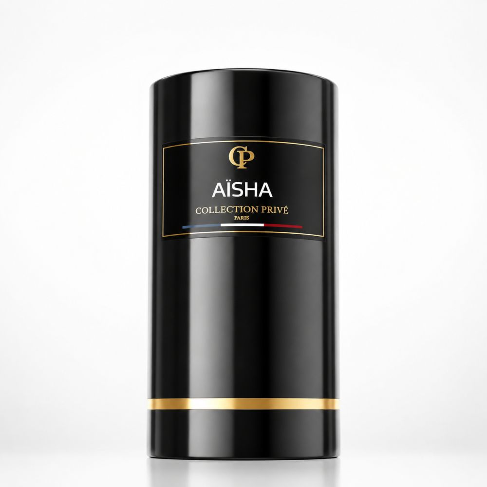 Collection Privée Paris Aïsha Eau de Parfum in schwarzer zylindrischer Dose mit goldenem Band.
