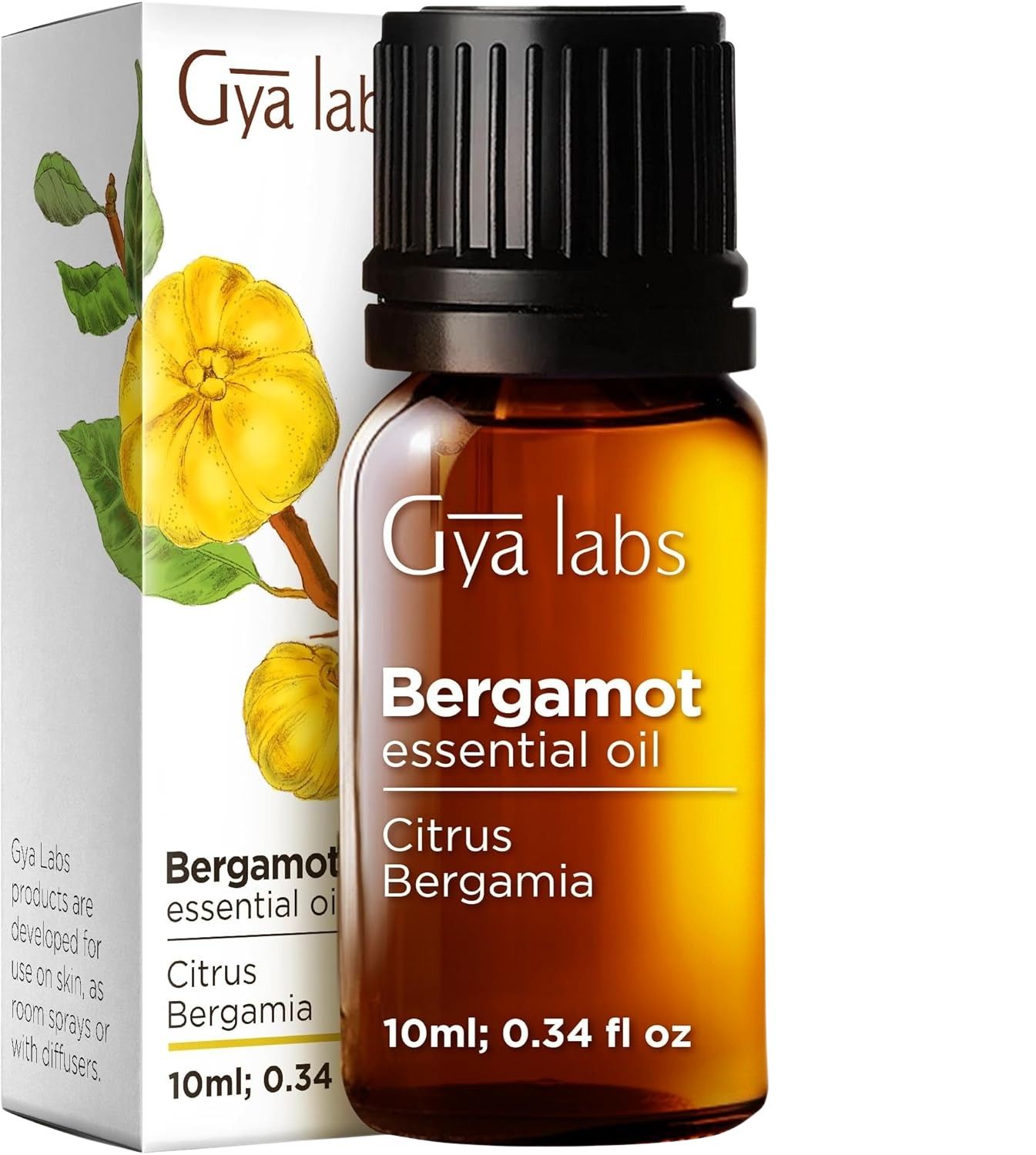 Gya Labs Bergamotte Öl-Fläschchen. Text: "Bergamot essential oil Citrus Bergamia". 10ml; 0.34 fl oz. Verpackung.