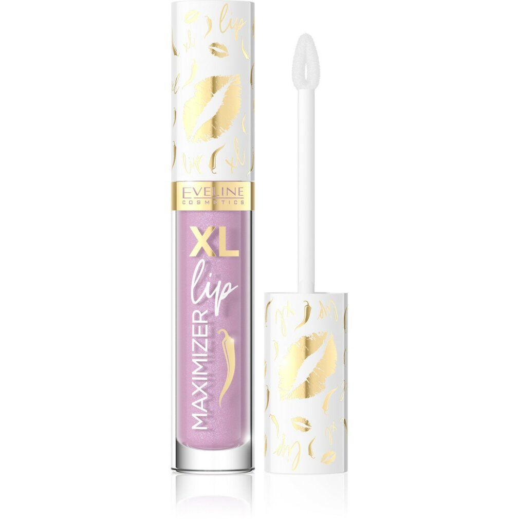 Lip Maximizer XL Lipgloss mit geöffnetem Deckel. Weißer Deckel mit goldenen Details. Transparenter Behälter mit lila Inhalt. Aufschrift: Eveline.