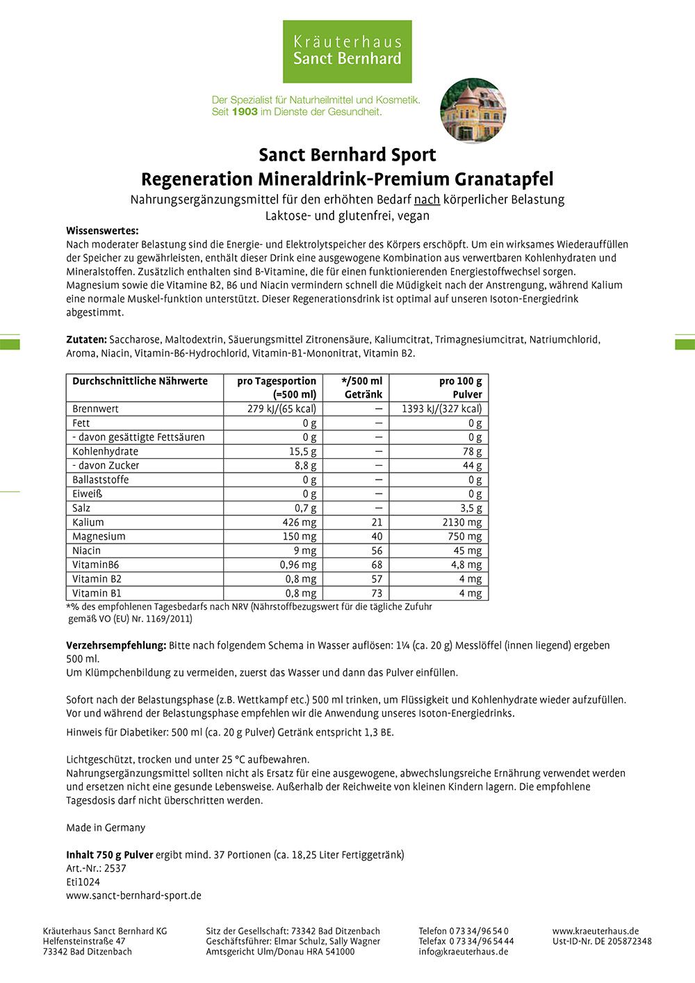 Produktinformationen des Sanct Bernhard Sport Regeneration Mineraldrink-Premium. Enthält Nährwerttabelle, Inhaltsstoffe und Herstellerinformationen.