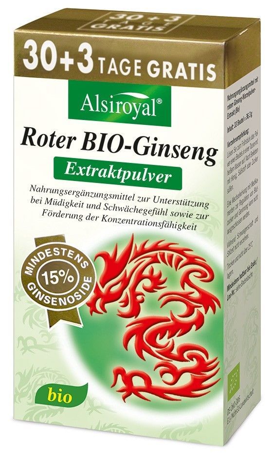 Verpackung von Alsiroyal Roter BIO-Ginseng Extraktpulver. Enthält 30+3 Beutel. Mit rotem Drachen-Design und Bio-Siegel.