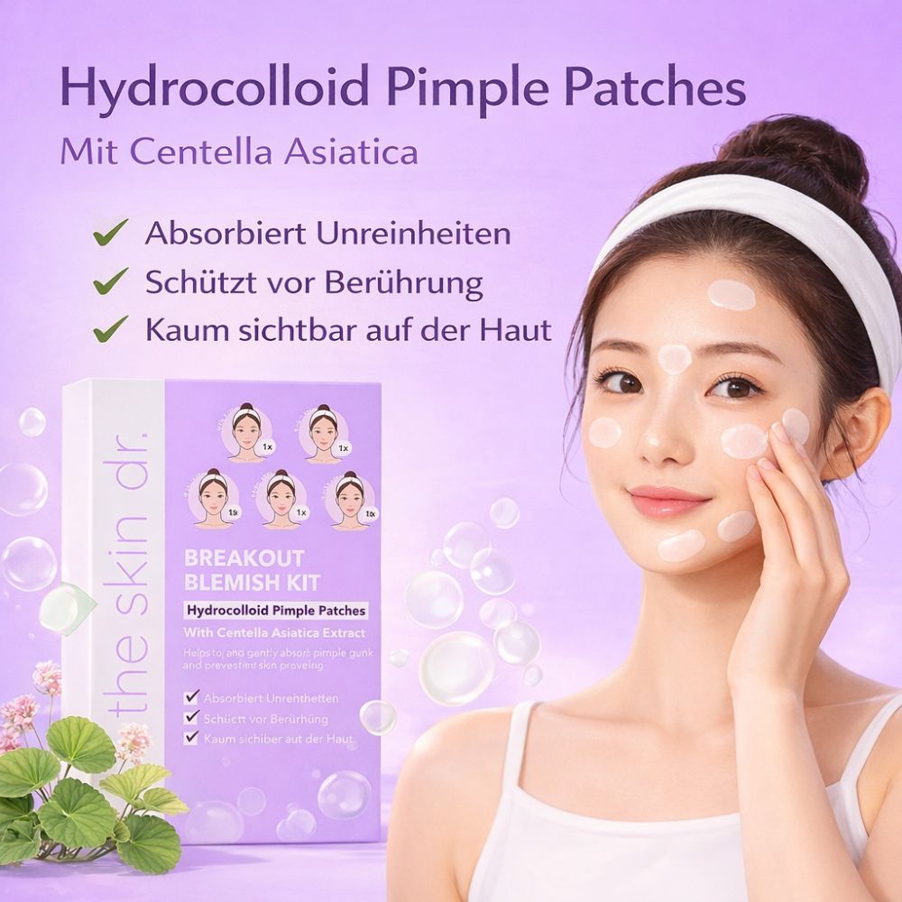 Gesichts-Patches auf Gesicht einer Frau. Packung mit Produktinformationen. Text: Hydrocolloid Pimple Patches, Mit Centella Asiatica.