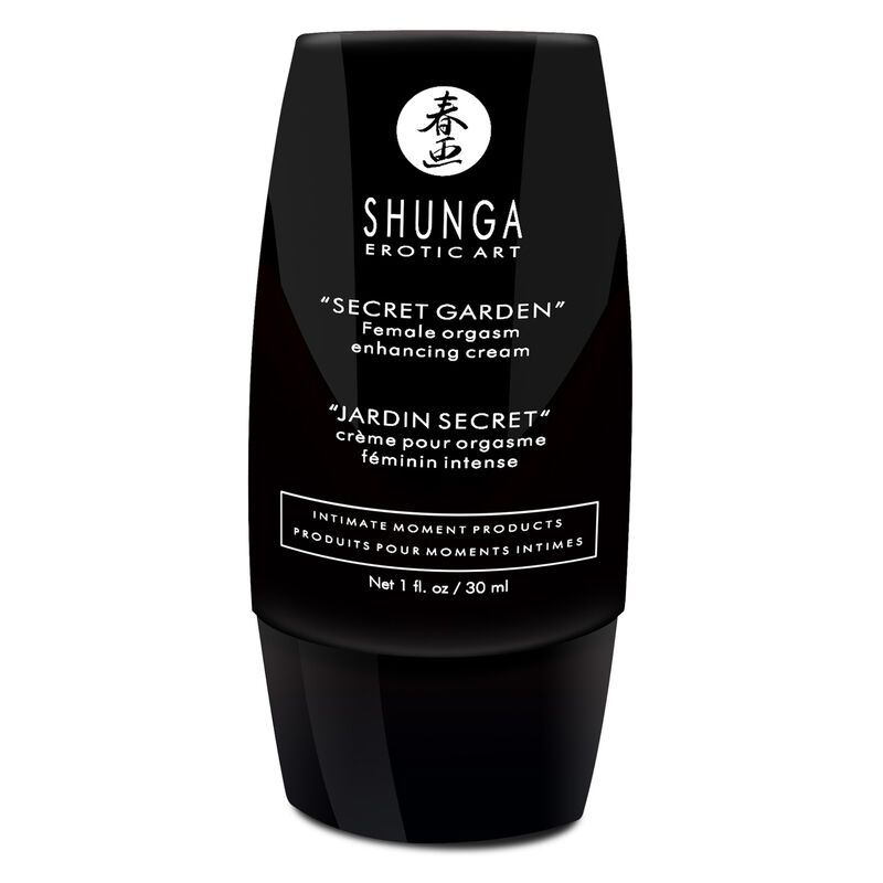Schwarze Flasche mit Produkttext. Shunga Erotic Art, Secret Garden, 1 fl. oz / 30 ml.