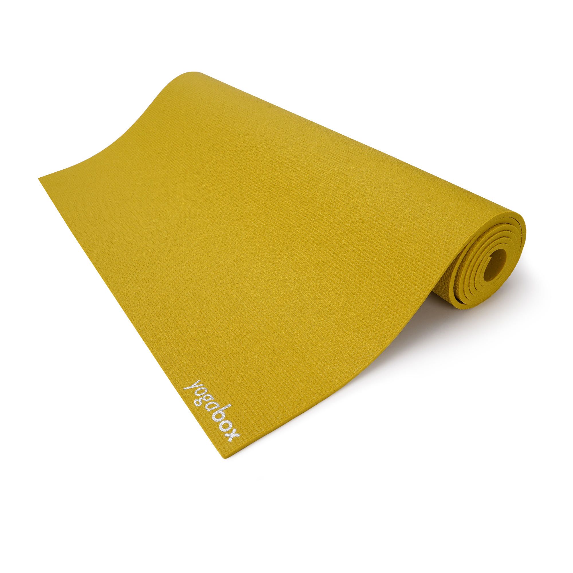 Gerollte gelbe Yogamatte mit sichtbarem 'yogabox' Logo auf der Ecke.