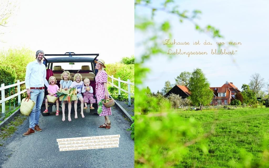 Buchseite: Familie vor Auto. Kinder mit Körben. Rechte Seite: Haus auf Wiese. Text: Zuhause ist da, wo mein Lieblingsrasen bleibt.