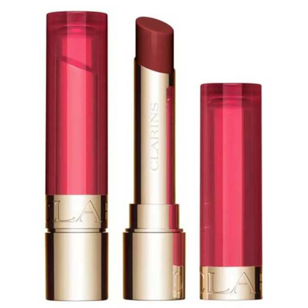 Lippenbalsam mit geöffneter Kappe und Stift. Goldfarbener Boden, transparenter Deckel. Aufschrift.