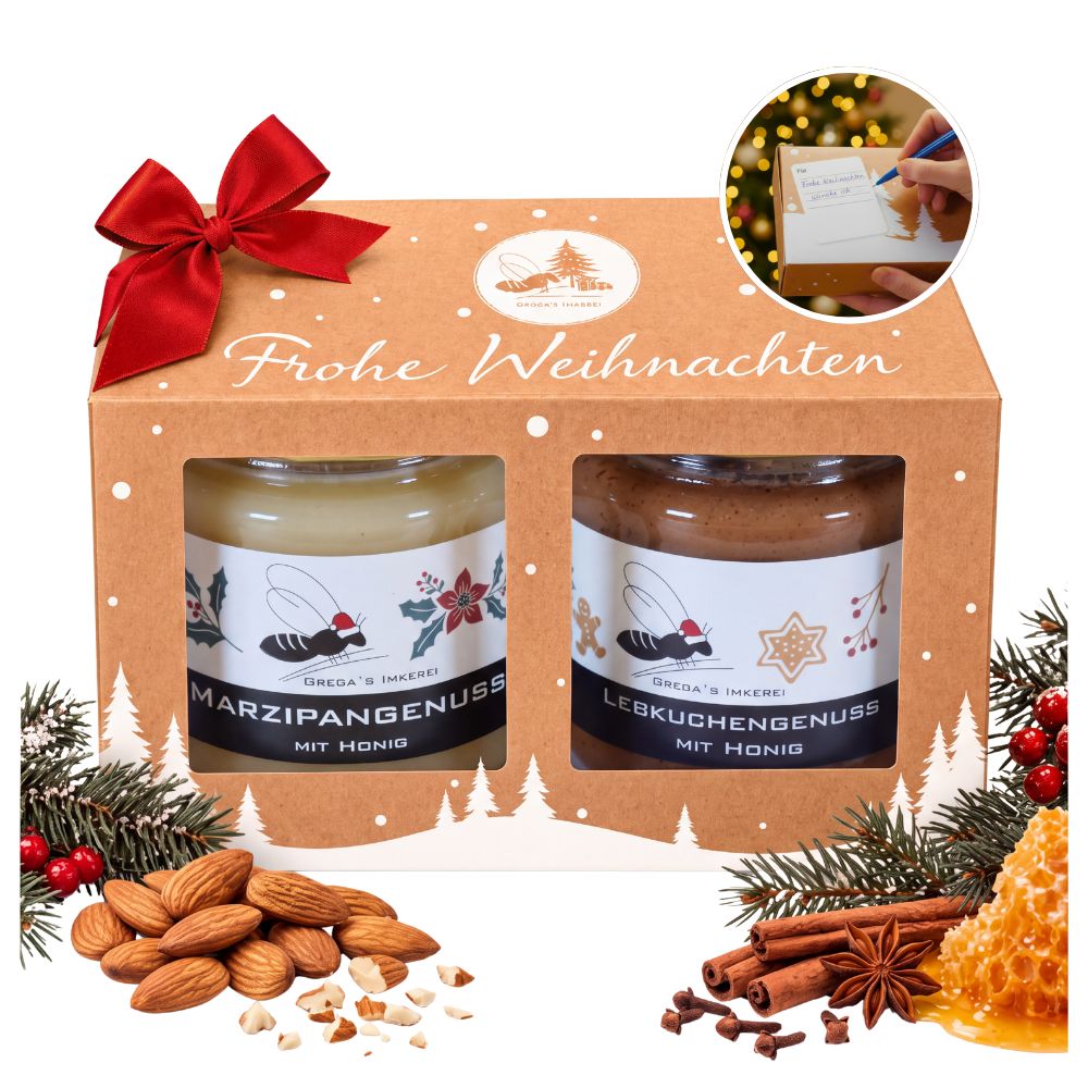 Grega´s Imkerei 2er Geschenkset Frohe Weihnachten mit Marzipan & Lebkuchengenuss Honig 500 g