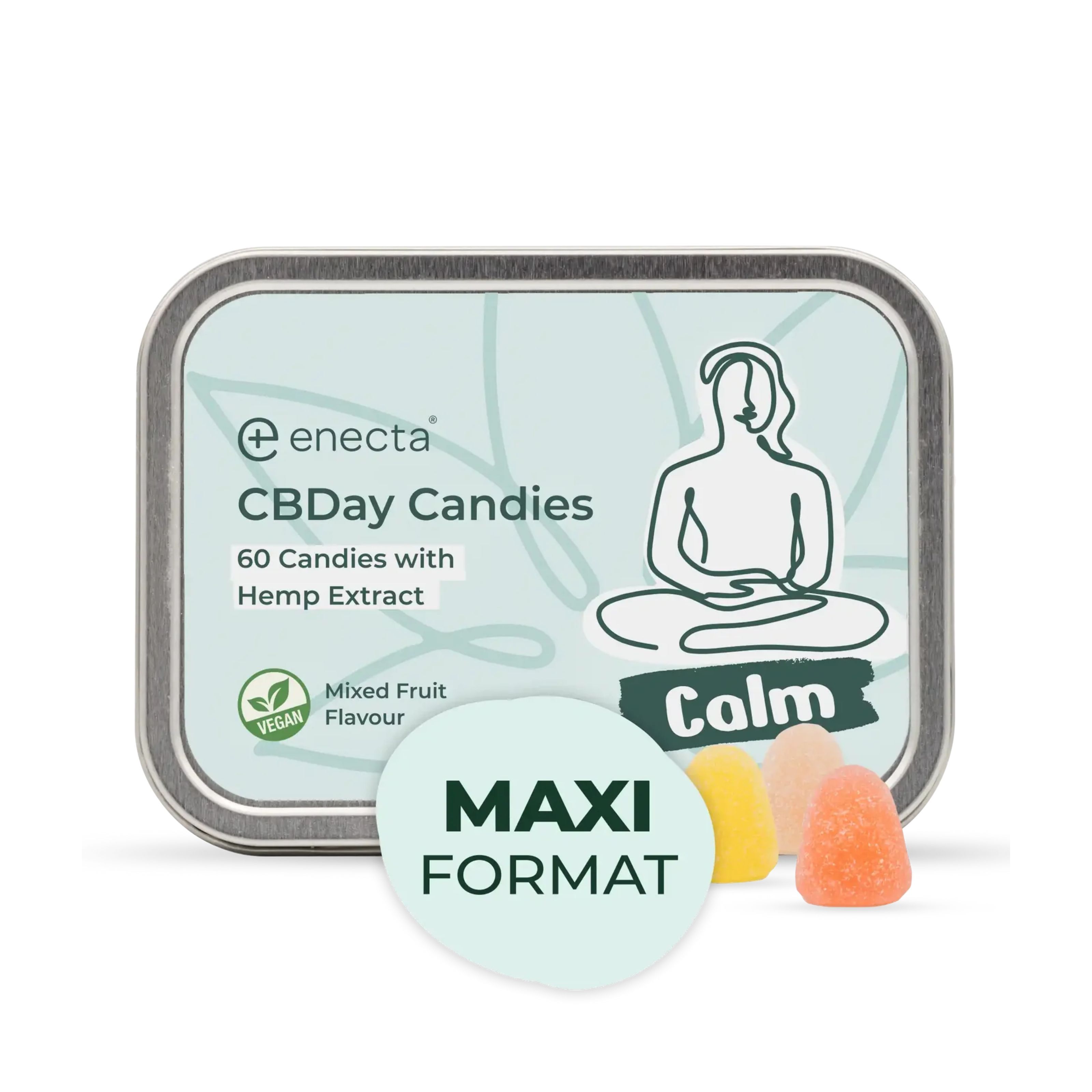 Metallbox mit CBDday Candies, 60 Stück, Maxi-Format. Vegan, mit Hanfextrakt und Fruchtgeschmack. Drei Fruchtgummis liegen daneben.