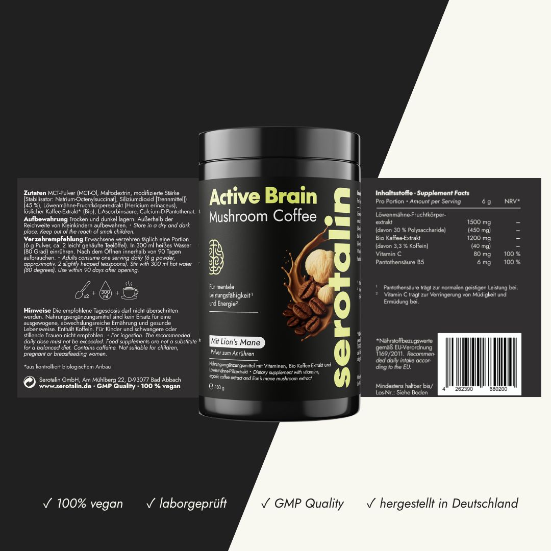 Schwarze Dose mit Serotalin-Logo und Produktinformationen. Enthält Inhaltsstoffe, Nährwertangaben und Zertifizierungen.