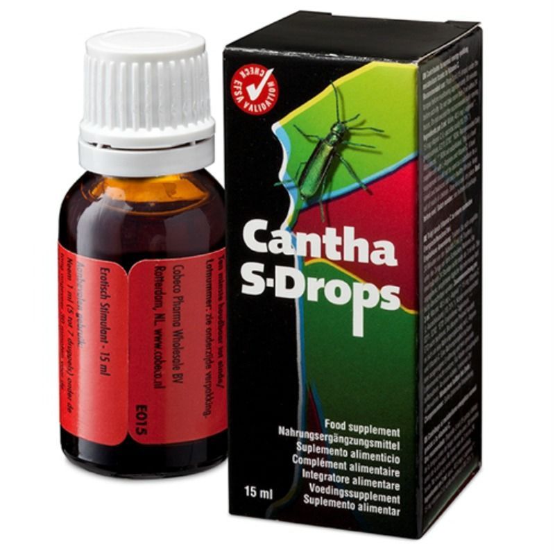Braune Flüssigkeit in einer Tropfflasche und einer Schachtel. Auf der Schachtel steht "Cantha S-Drops".