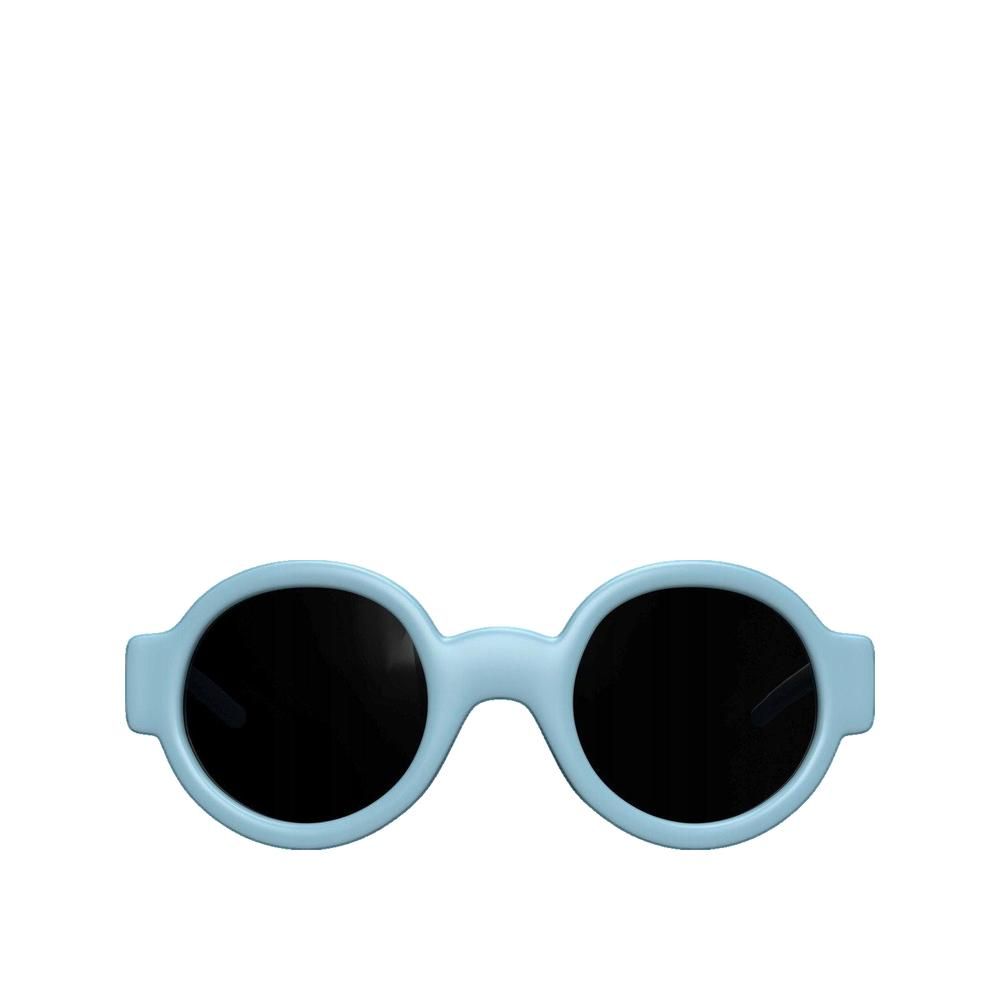 Blaue Sonnenbrille für Babys und Kleinkinder. Runde Gläser, hellblauer Rahmen. Schwarze Gläser. CHICCO-Logo.