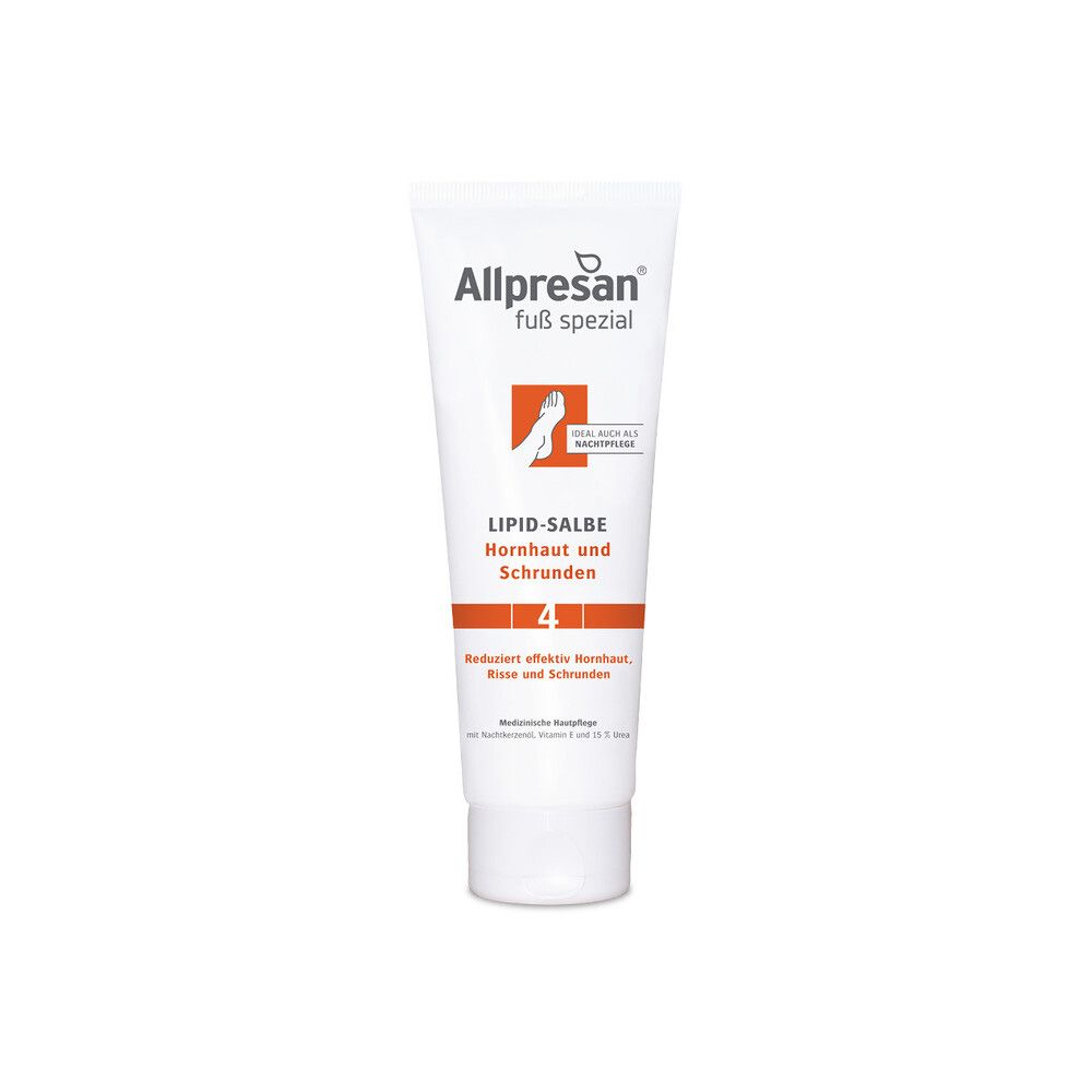 Weiße Tube mit roter und orangefarbener Beschriftung. Produktname und Logo oben. Text: Lipid-Salbe, Hornhaut und Schrunden, Nr. 4.