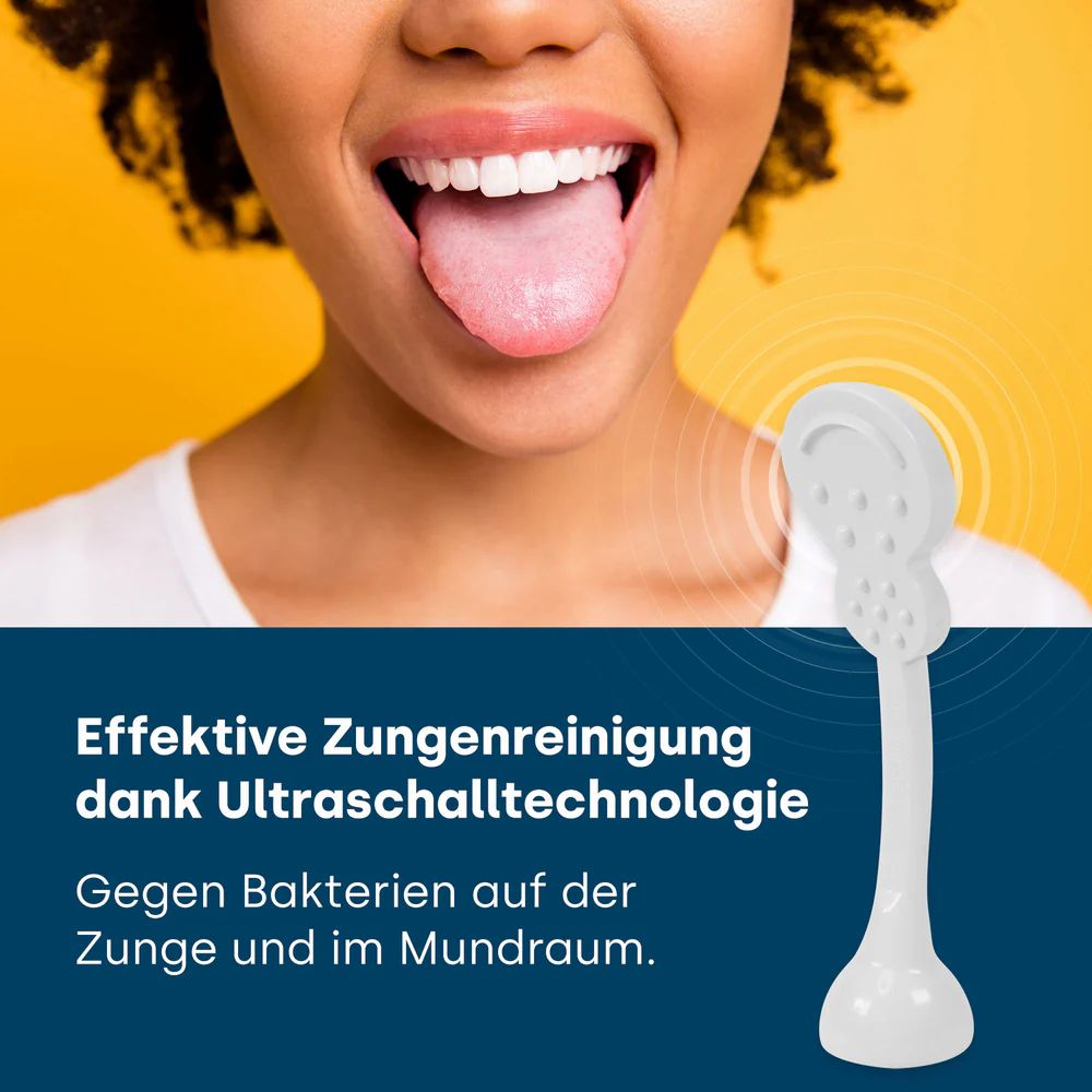 Zunge mit Zungenreiniger. Text: Effektive Zungenreinigung dank Ultraschalltechnologie. Gegen Bakterien auf der Zunge und im Mundraum.
