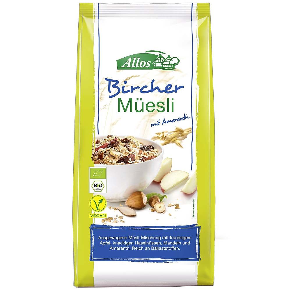 Verpackung von Allos Bio Bircher Müsli mit Amaranth. Enthält Müsli, Apfelstücke, Haselnüsse und Mandeln. Bio- und Vegan-Siegel.