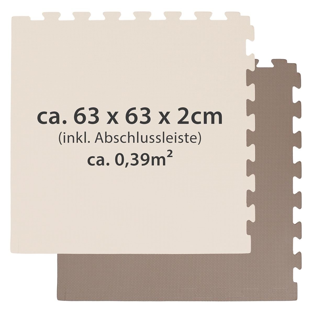 Zwei Puzzleteile der Fitnessmatte mit Rand. Aufschrift: ca. 63 x 63 x 2cm (inkl. Abschlussleiste) ca. 0,39m².