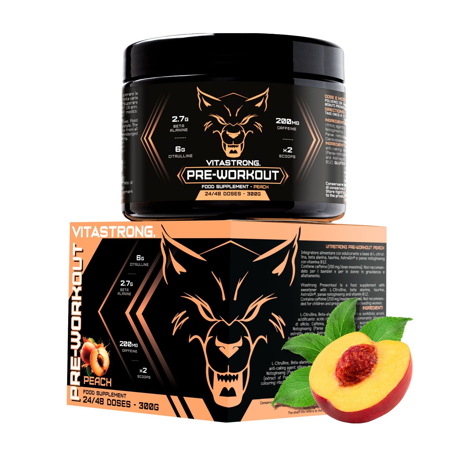 Dose Vitastrong Pre-Workout, Pfirsich, 300g. Dose und Schachtel mit Wolfslogo. Pfirsich-Hälfte.