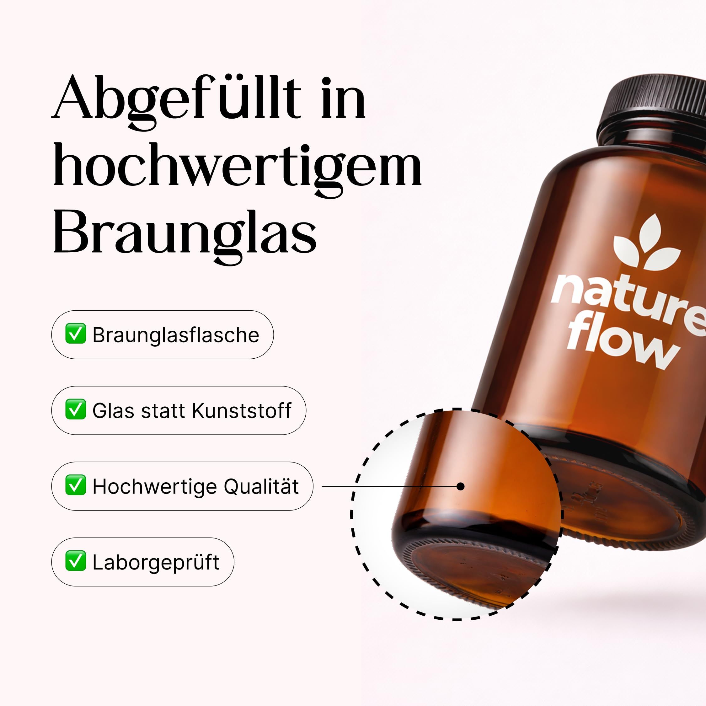 Braune Glasflasche. Nahaufnahme des Flaschenbodens. Text: Braunglasflasche, Glas statt Kunststoff, hochwertige Qualität, laborgeprüft.