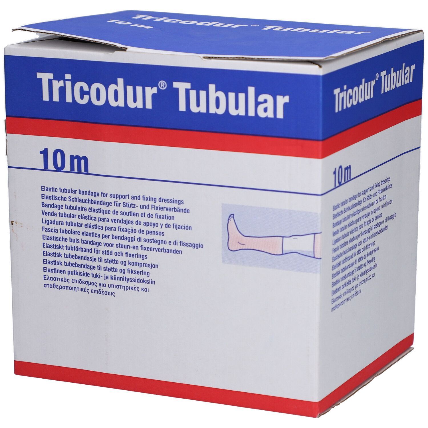 Karton mit Produktnamen und 10 m. Abbildung eines Fußes mit Bandage. Blaue und rote Akzente.