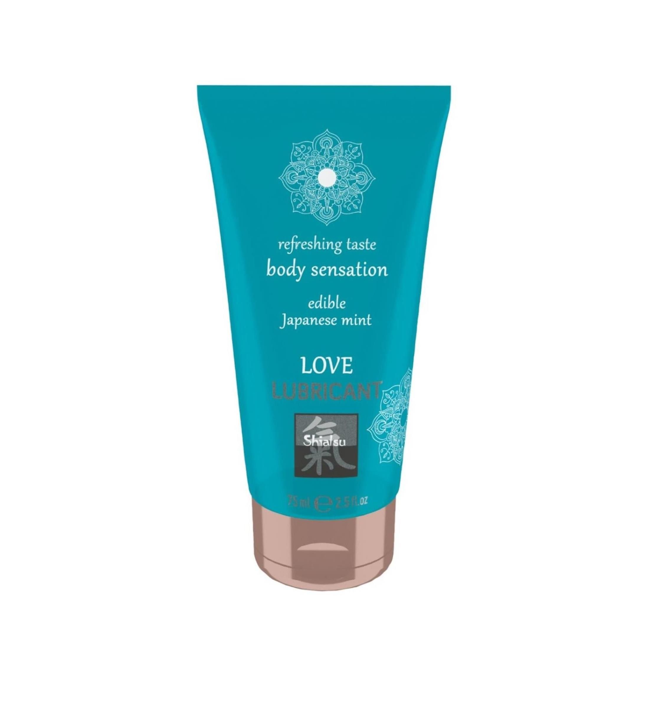 Türkisfarbene Tube mit Aufschrift 'LOVE LUBRICANT'. Text: 'Refreshing taste, body sensation, edible Japanese mint'. Marke Shiatsu.