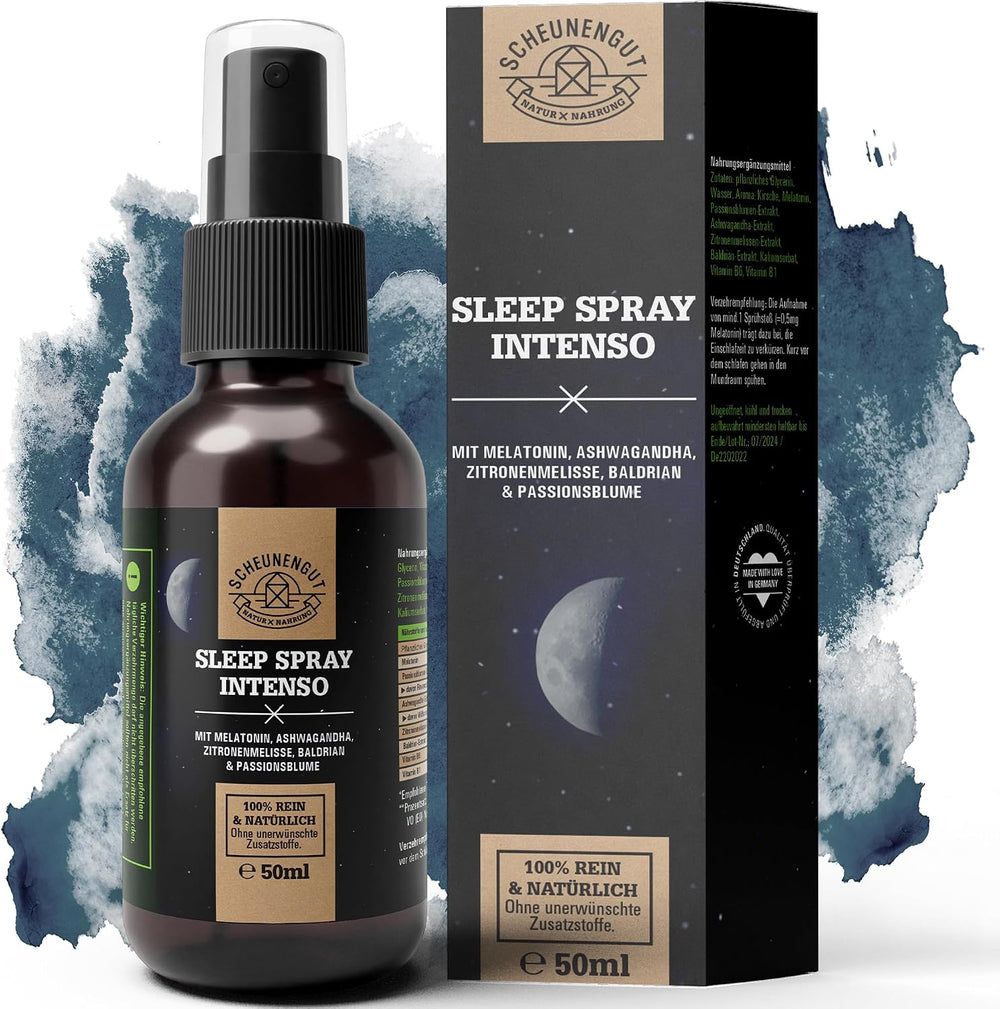 Scheunengut Sleep Spray Intenso 50ml Flasche und Verpackung mit Melatonin und Pflanzenextrakten.