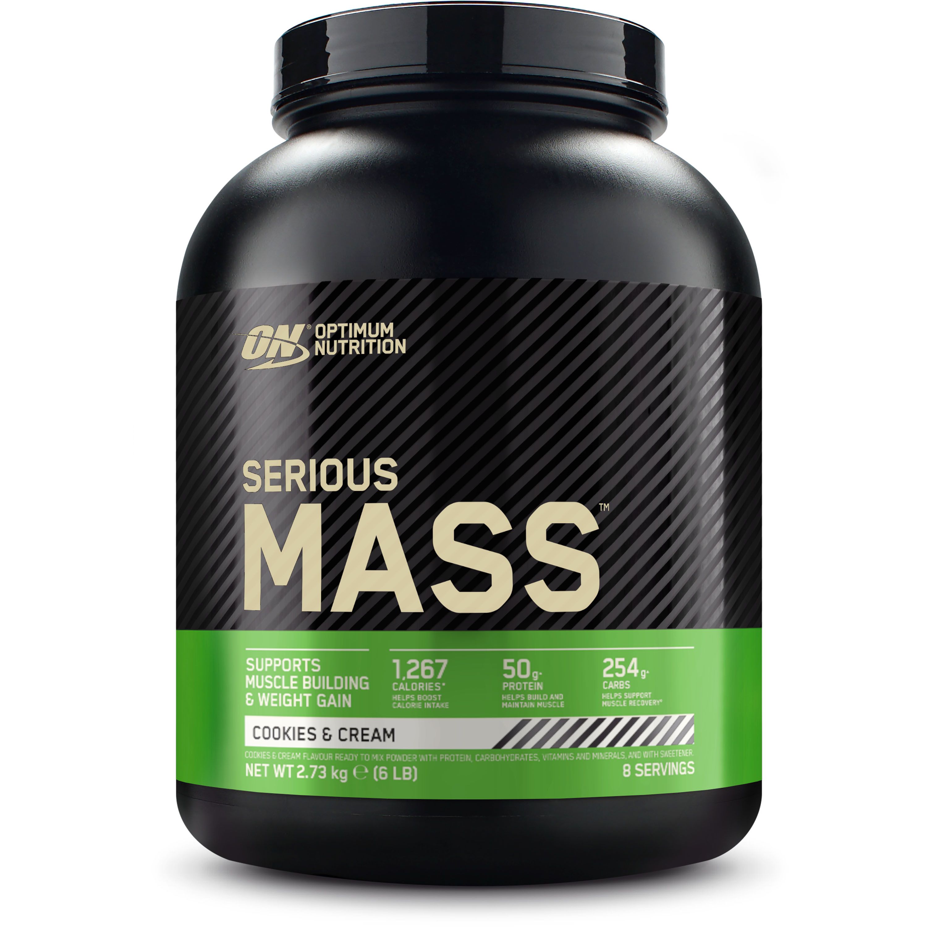 Schwarzer Behälter mit grünem Etikett. Aufschrift: Serious Mass, Cookies & Cream. Marke: Optimum Nutrition.