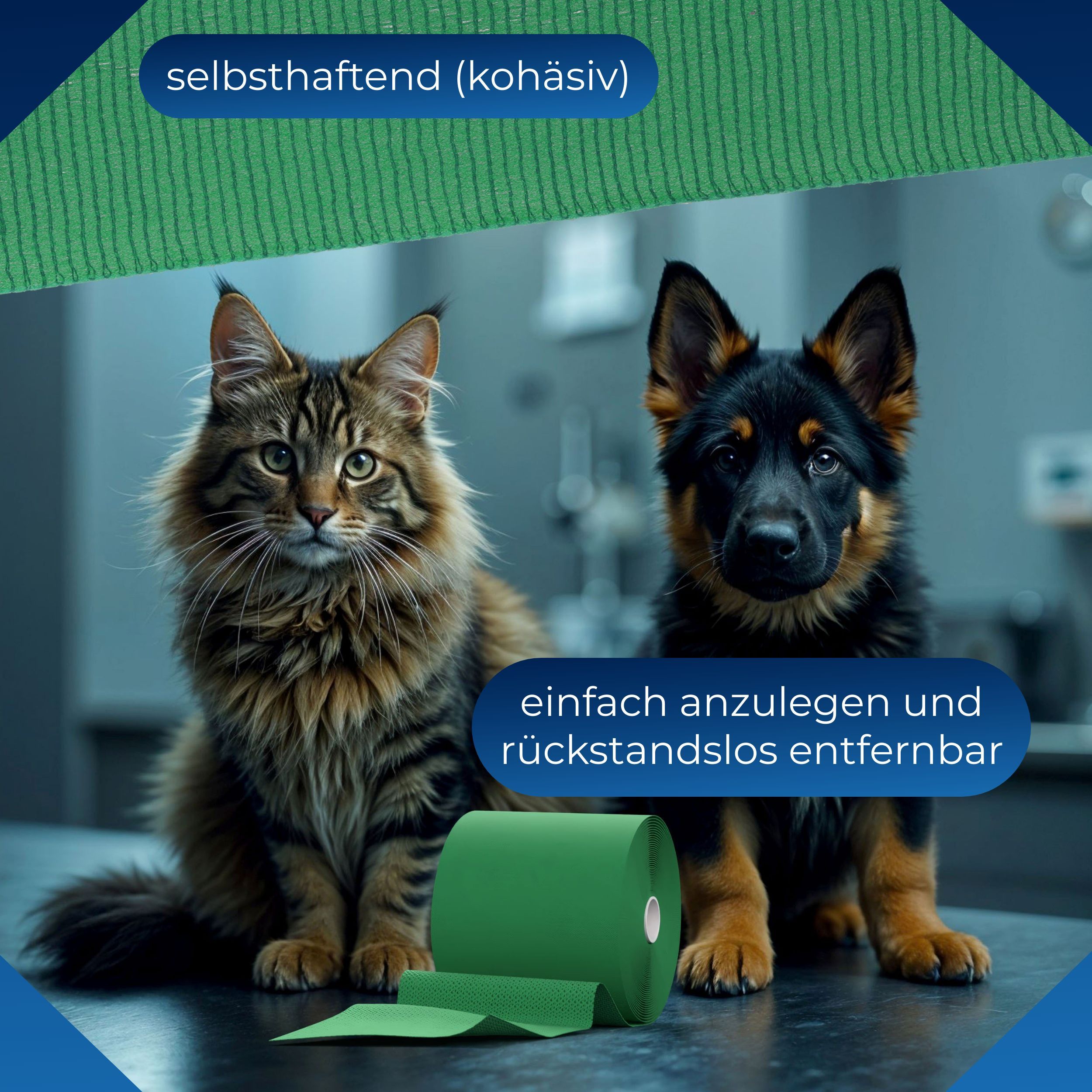 Grüne, kohäsive Fixierbinde, neben Katze und Hund. Text: 'selbsthaftend (kohäsiv)' und 'einfach anzulegen und rückstandslos entfernbar'.