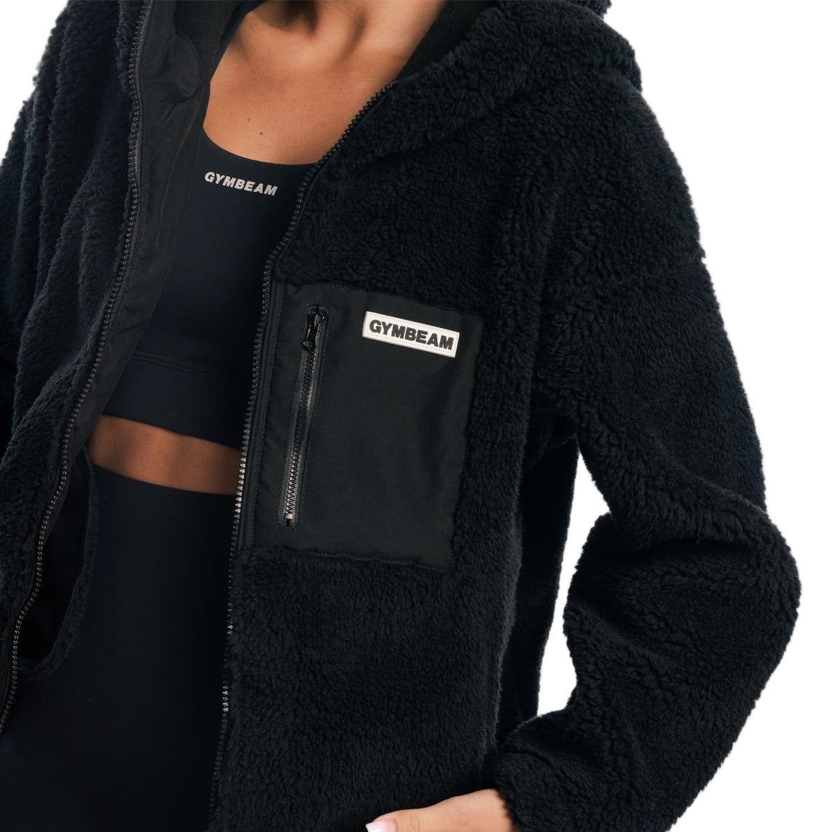 GymBeam Jacke Damen Sherpa Oversized mit Kapuze und Reißverschlusstaschen in Schwarz