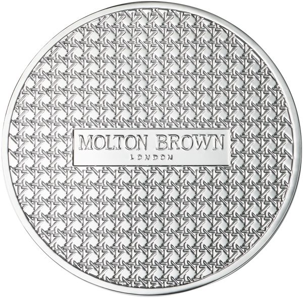 Runder silberner Deckel mit geprägtem Muster. "Molton Brown London" ist sichtbar.