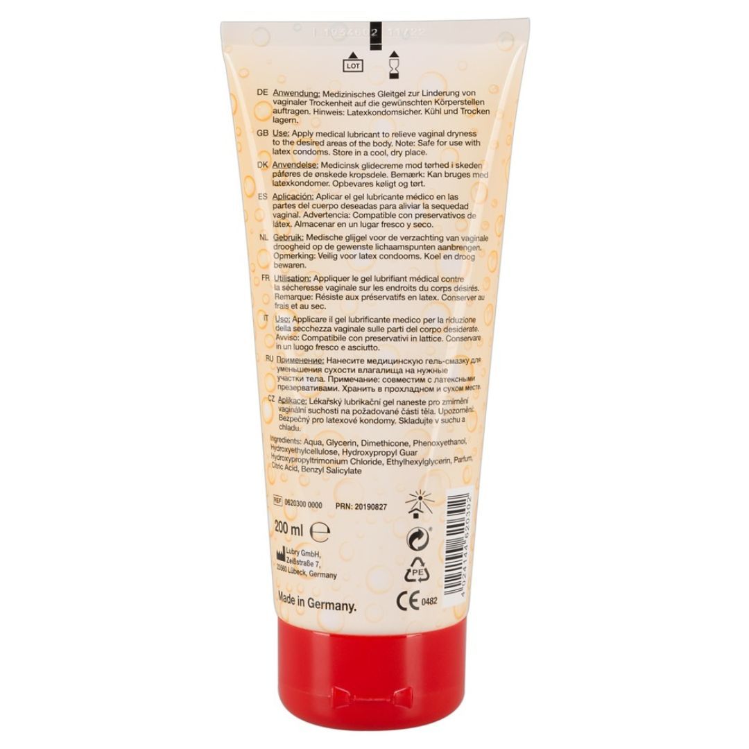 Rückseite der Tube 'Flutschi - das Original'. Text in mehreren Sprachen. Roter Deckel. 200 ml. CE-Zeichen.