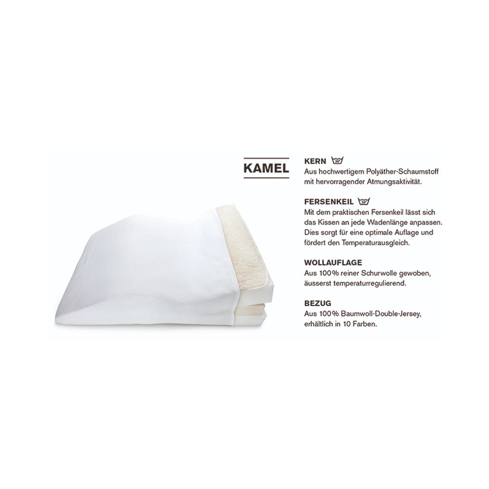 Produktinformationen: Kissen, Kern, Fersenkiel, Wollauflage, Bezug. Text in Deutsch.
