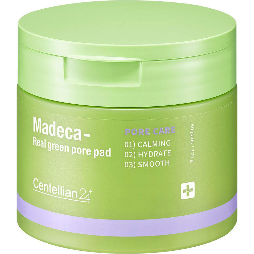 Grüne Dose mit Deckel. Aufschrift: Madeca- Real green pore pad, Centellian 24. Pore Care: Calming, Hydrate, Smooth. 60 Pads/170g.