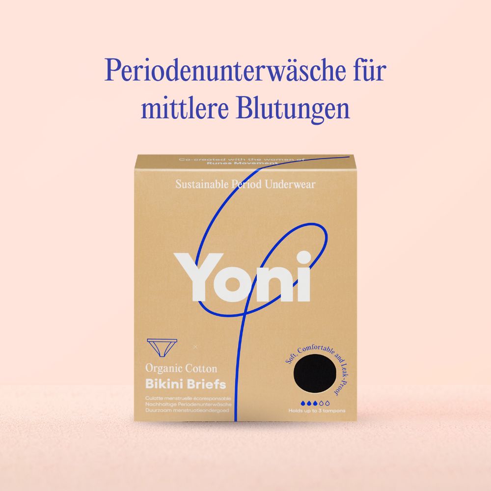 Verpackung der Yoni Culotte menstruelle. Aufschrift: Organic Cotton Bikini Briefs. Mit Logo.