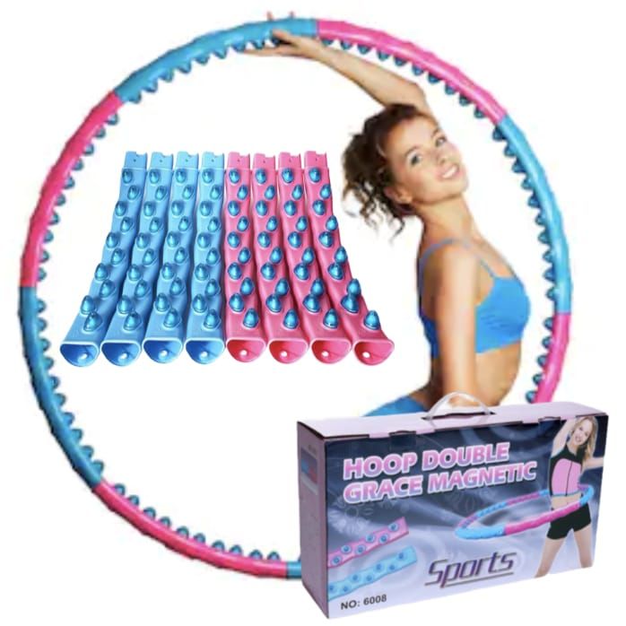 Hula-Hoop-Reifen mit Massage-Noppen, zweifarbig. Verpackung mit Produktabbildung und Text. Frau demonstriert die Anwendung.