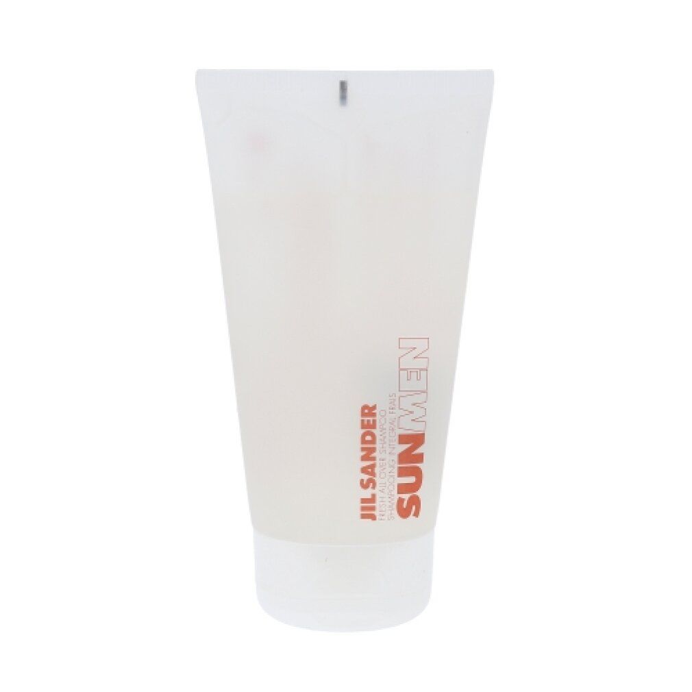 Jil Sander Sun Men Fresh All Over Shampoo. Transparente Tube mit weißem Verschluss. Produktname und Logo in Rot.