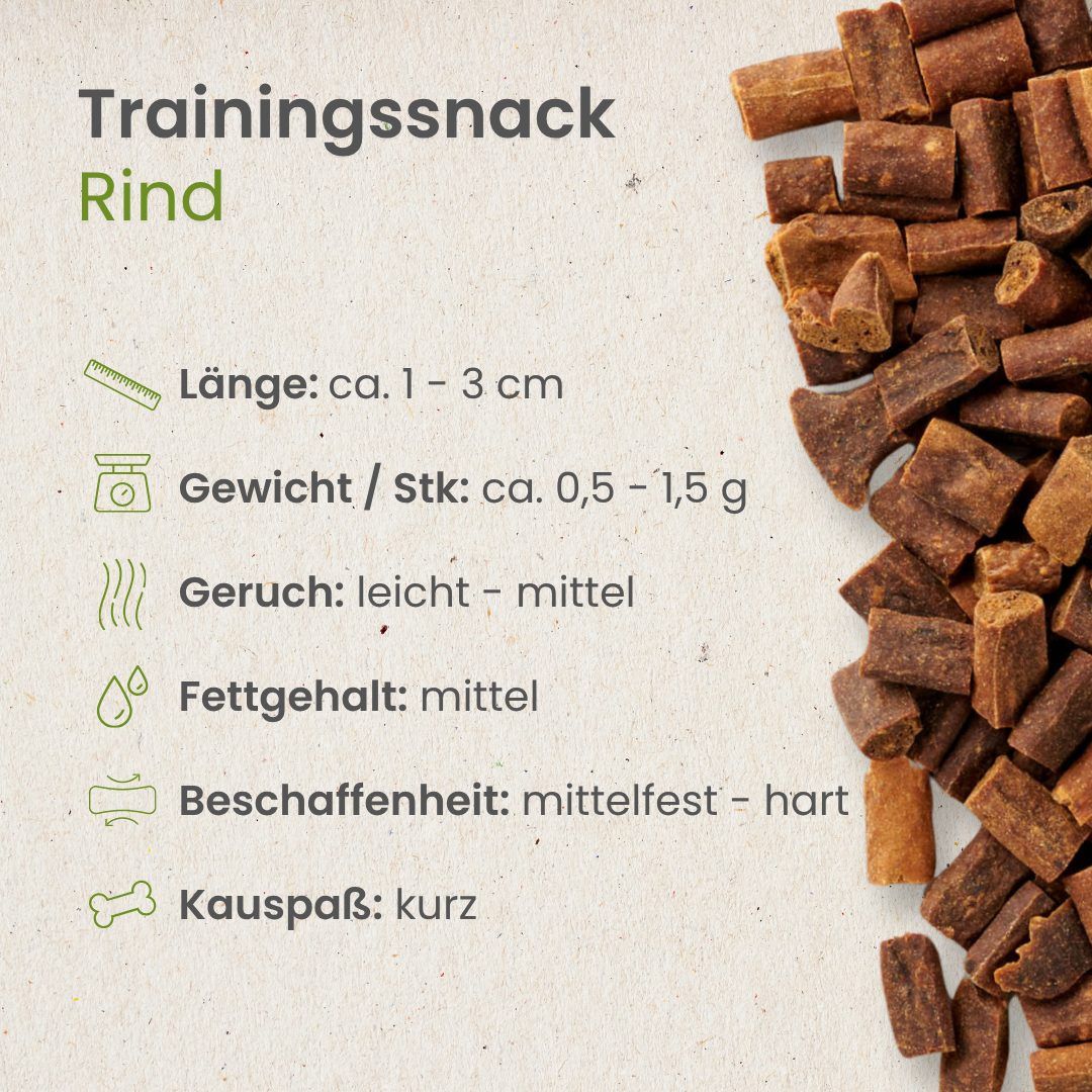 Hundeleckerlis aus Rindfleisch, 1-3 cm lang, leicht verdaulich.