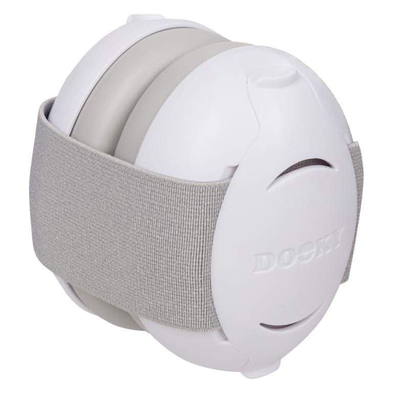 Gehörschutz zusammengeklappt. Ohrmuscheln mit Stirnband. Dooky-Logo.