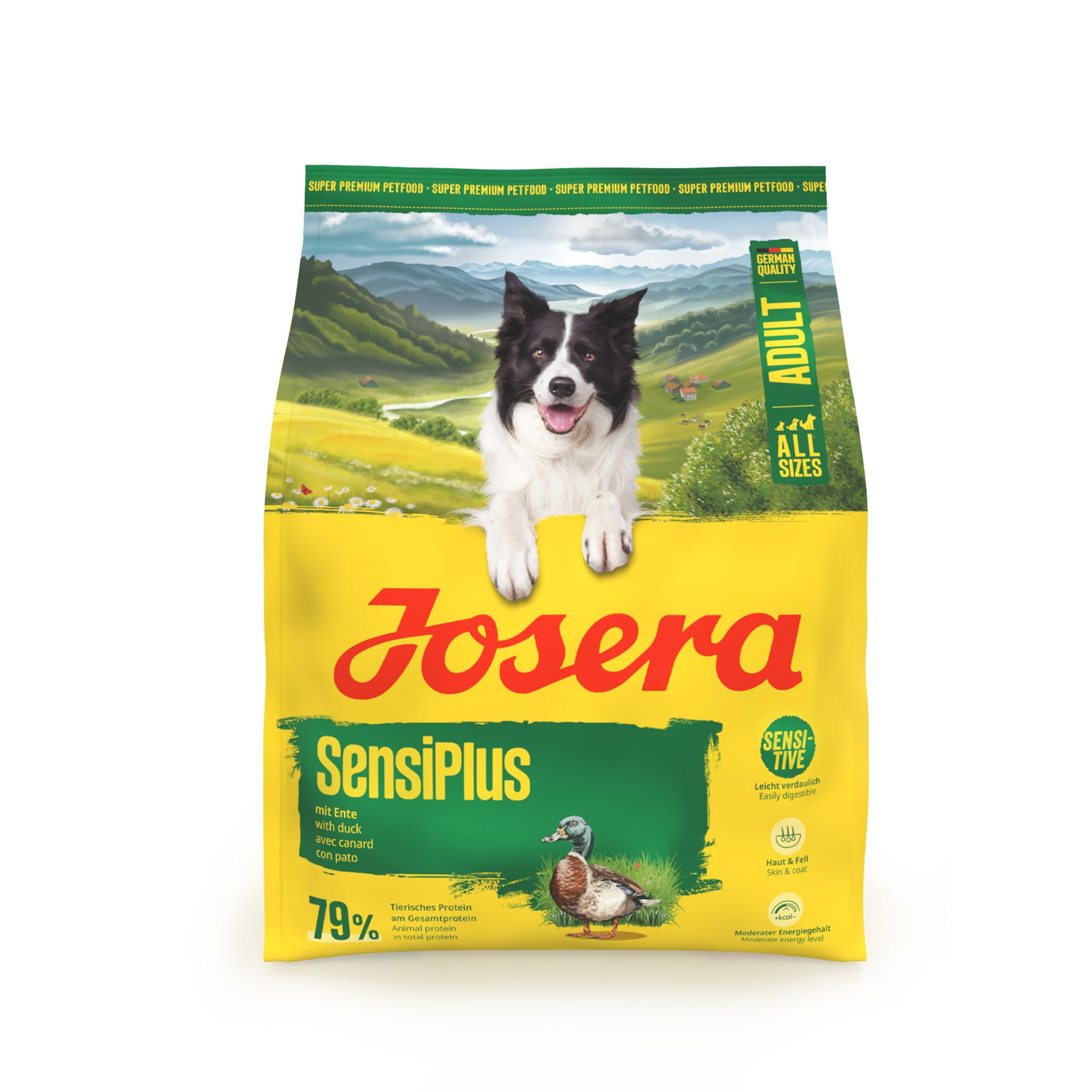 Josera SensiPlus Hundefutter: Gelbe Verpackung mit Hund und Entenmotiv. Für erwachsene Hunde aller Größen.