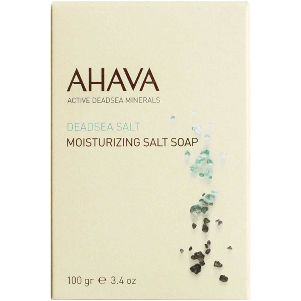 Kartonverpackung mit Produktnamen und Markenlogo. Text: AHAVA, DEADSEA SALT, MOISTURIZING SALT SOAP. Gewicht: 100 g.