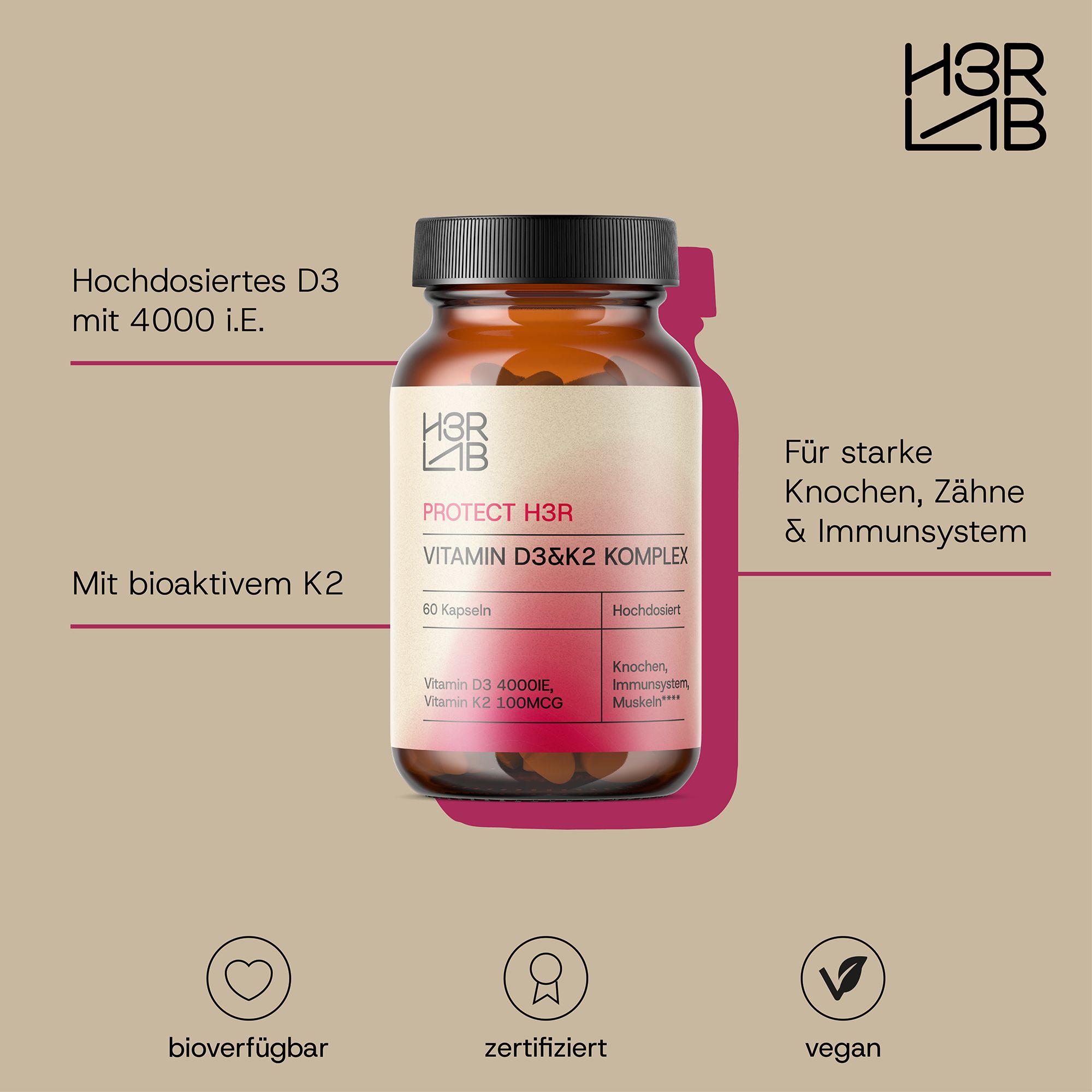 Braune Flasche mit Kapseln. Etikett: Vitamin D3 & K2 Komplex. Hochdosiert. Mit bioaktivem K2. Vegan. Zertifiziert. Für starke Knochen.